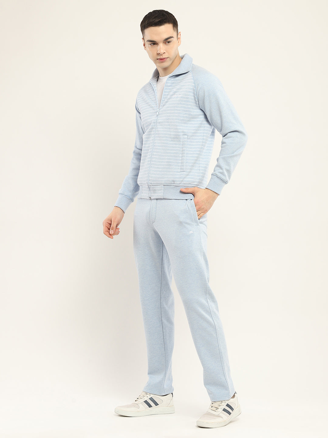 Men Blue Self Design Collar Full Sleeve Winter Tracksuit