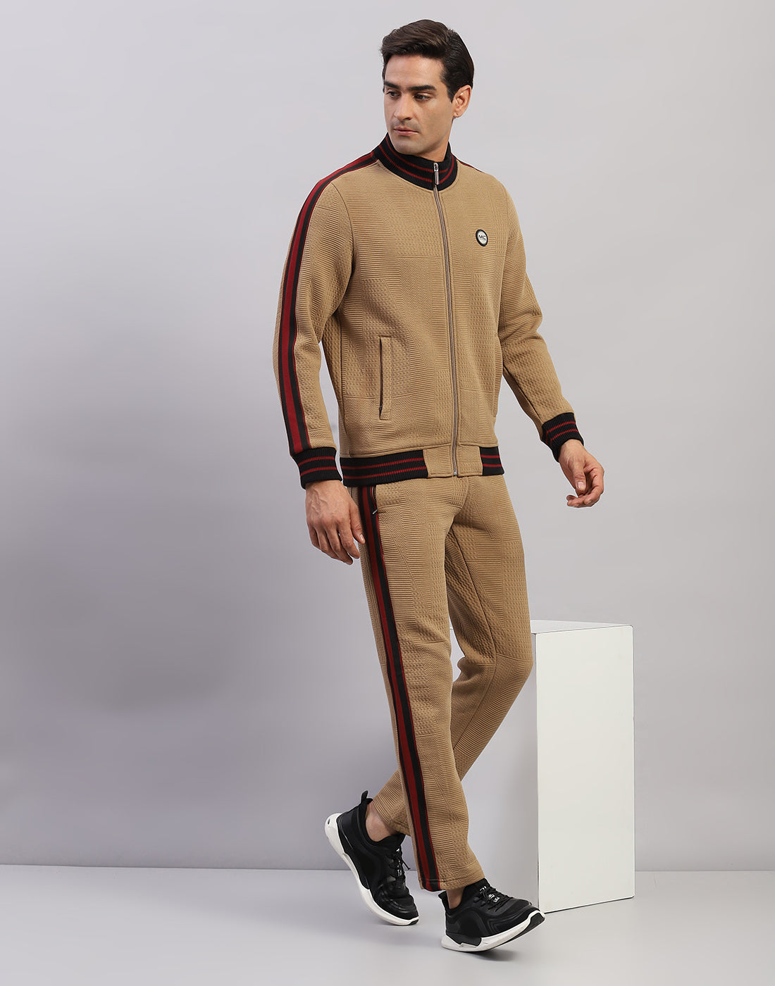 Buy Men Brown Self Design Mock Neck Full Sleeve Winter Tracksuit