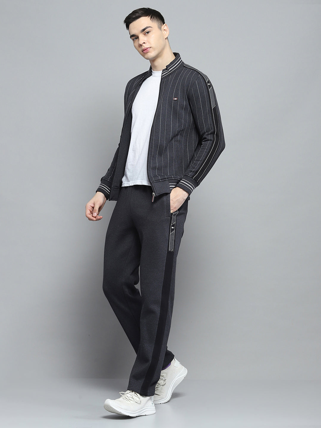 Men Black Printed Mock Neck Full Sleeve Winter Tracksuit