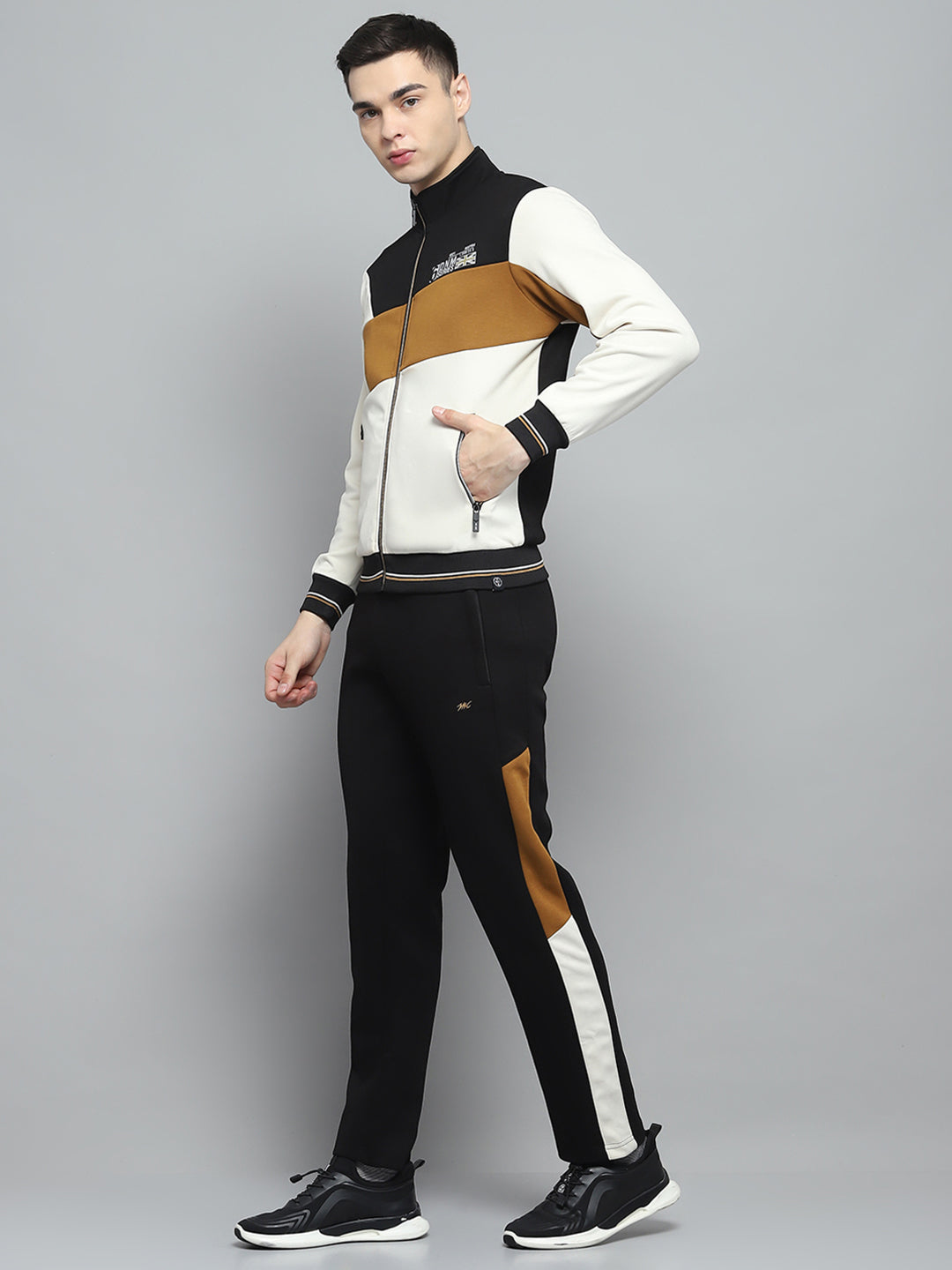 Men Black & White Printed Mock Neck Full Sleeve Winter Tracksuit