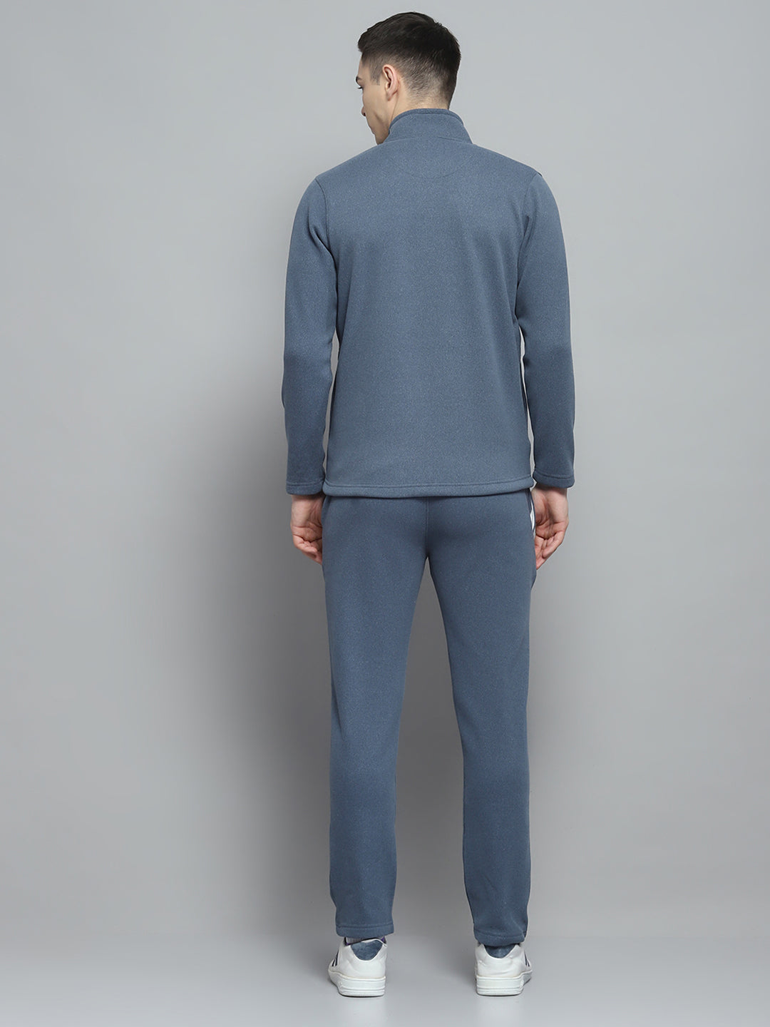 Men Blue Solid Mock Neck Full Sleeve Winter Tracksuit