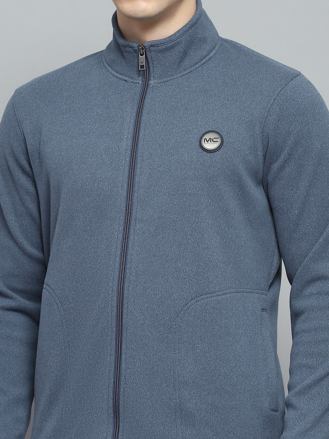 Men Blue Solid Mock Neck Full Sleeve Winter Tracksuit