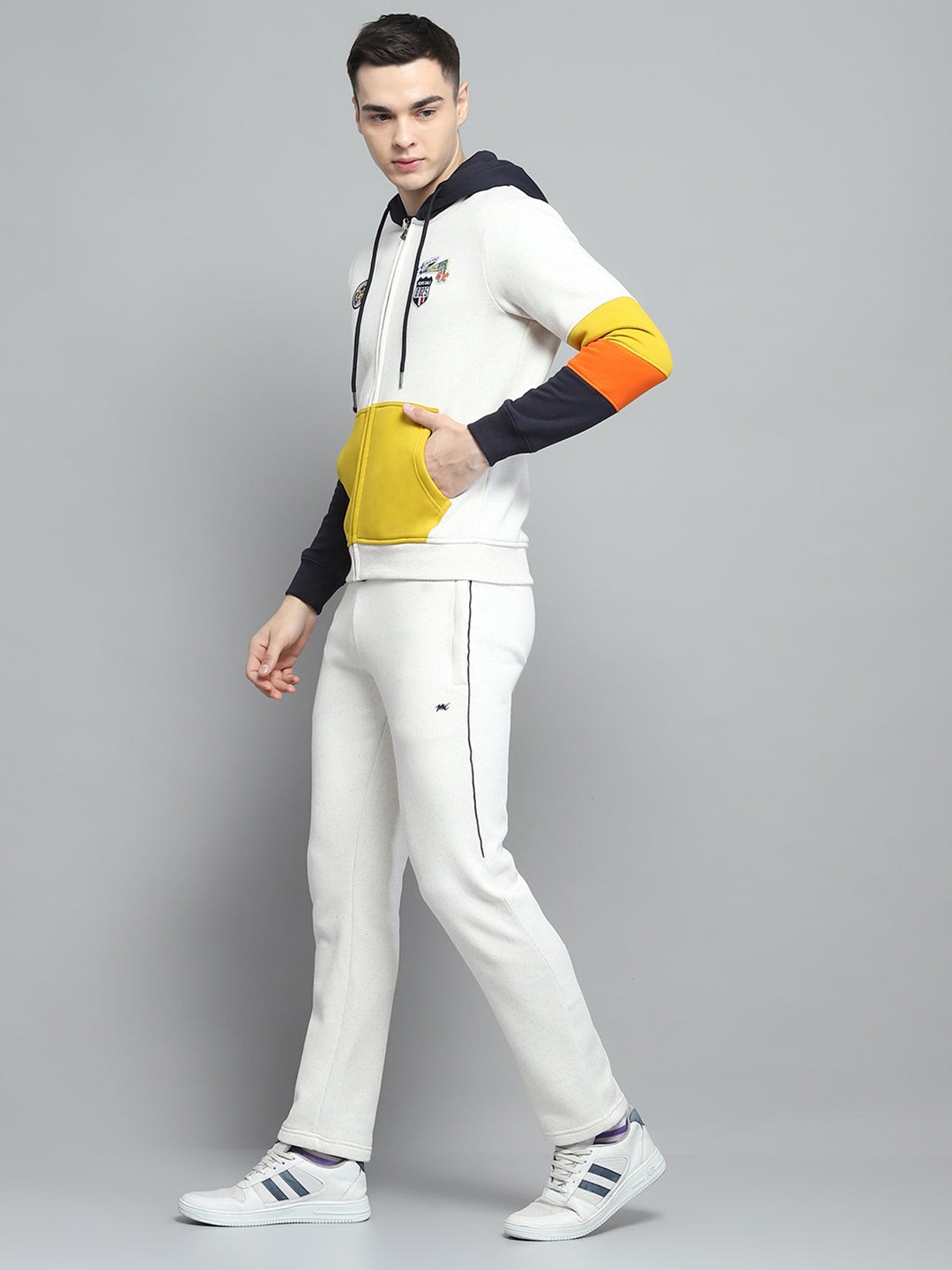 Men Off White & Navy Blue Printed Hooded Full Sleeve Winter Tracksuit