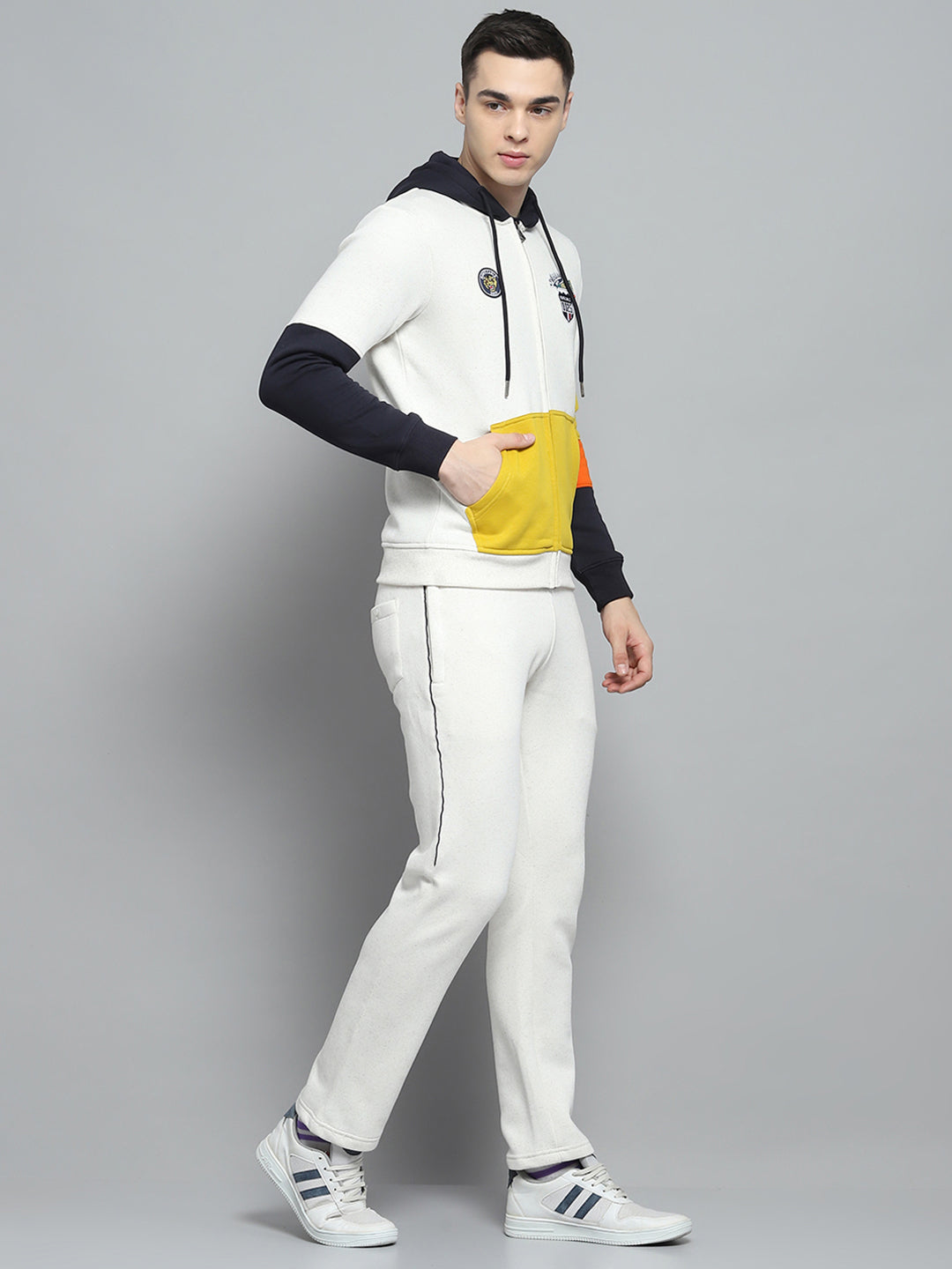 Men Off White & Navy Blue Printed Hooded Full Sleeve Winter Tracksuit