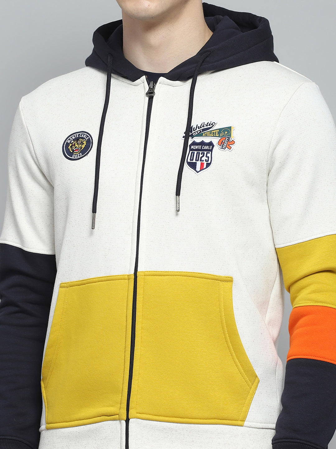 Men Off White & Navy Blue Printed Hooded Full Sleeve Winter Tracksuit