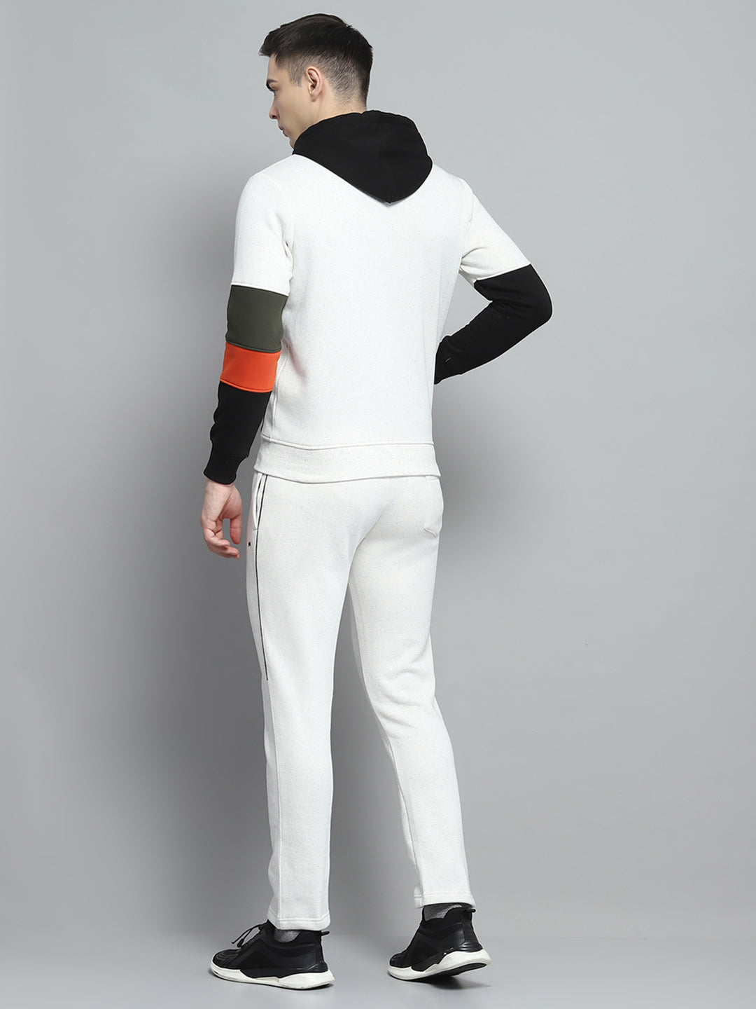 Men Off White & Black Printed Hooded Full Sleeve Winter Tracksuit