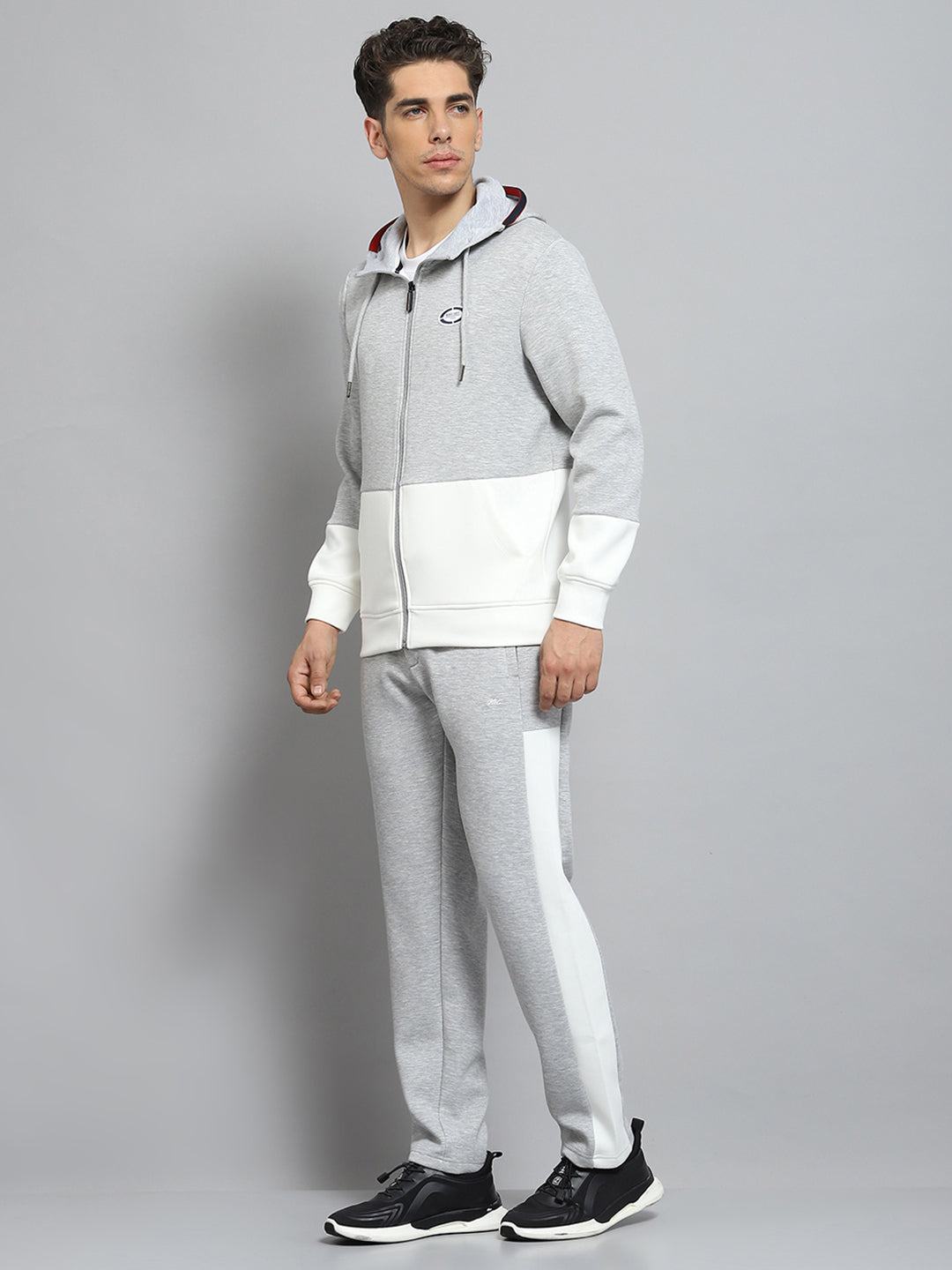 Men Grey Self Design Hooded Full Sleeve Winter Tracksuit