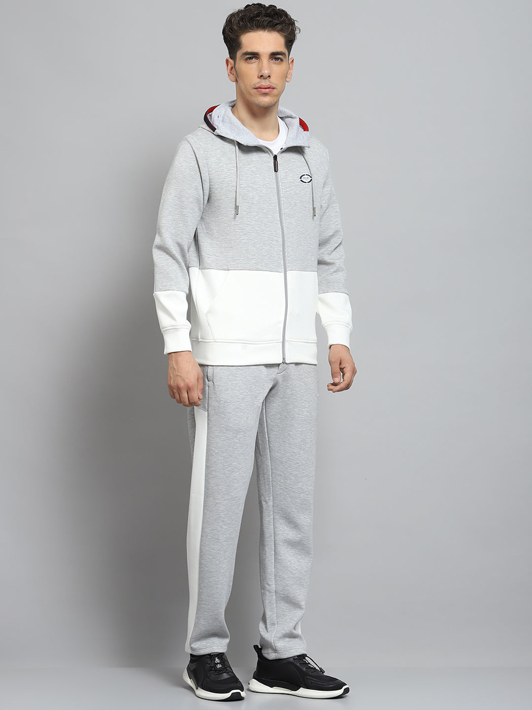 Men Grey Self Design Hooded Full Sleeve Winter Tracksuit