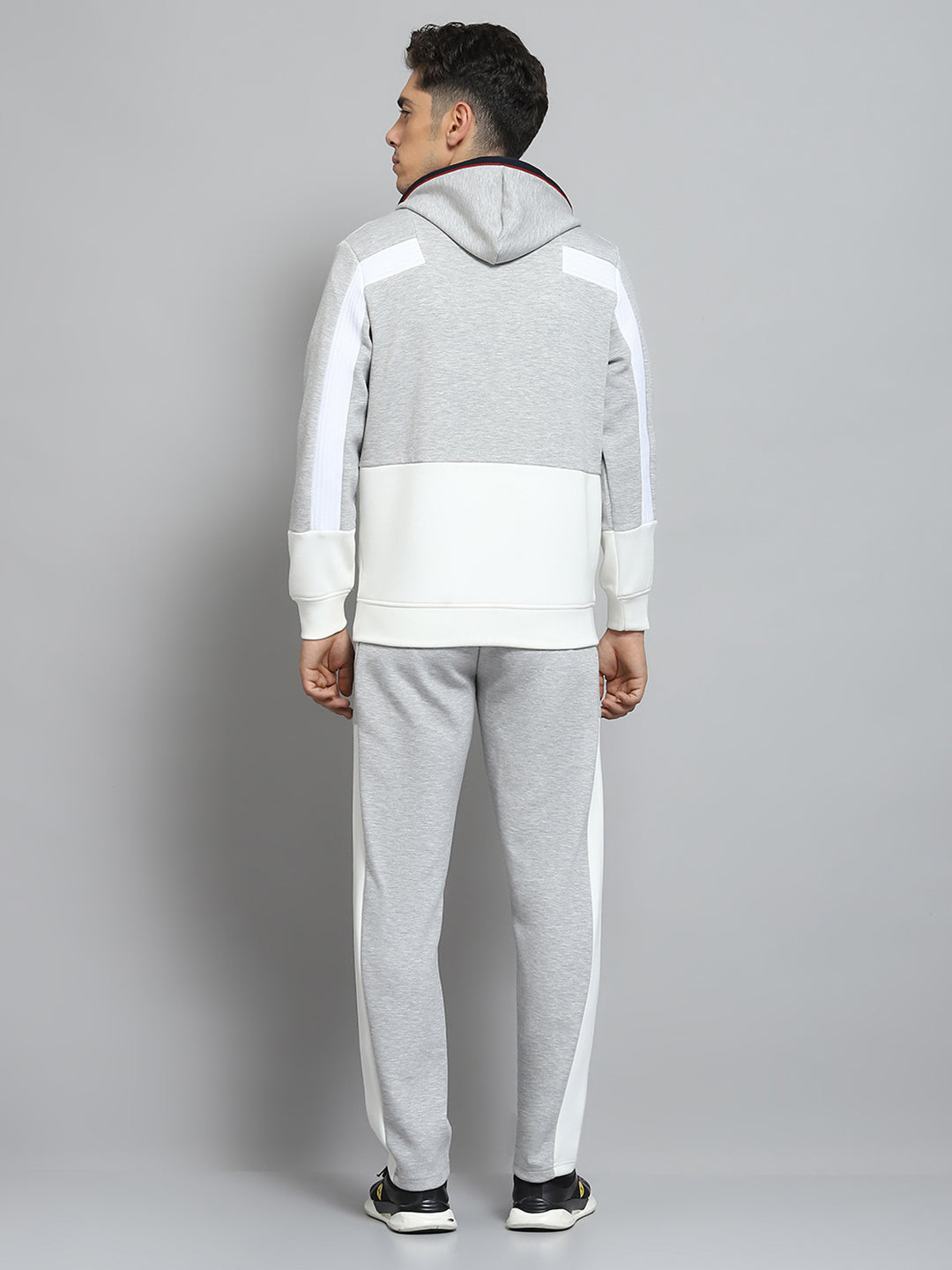 Men Grey Self Design Hooded Full Sleeve Winter Tracksuit