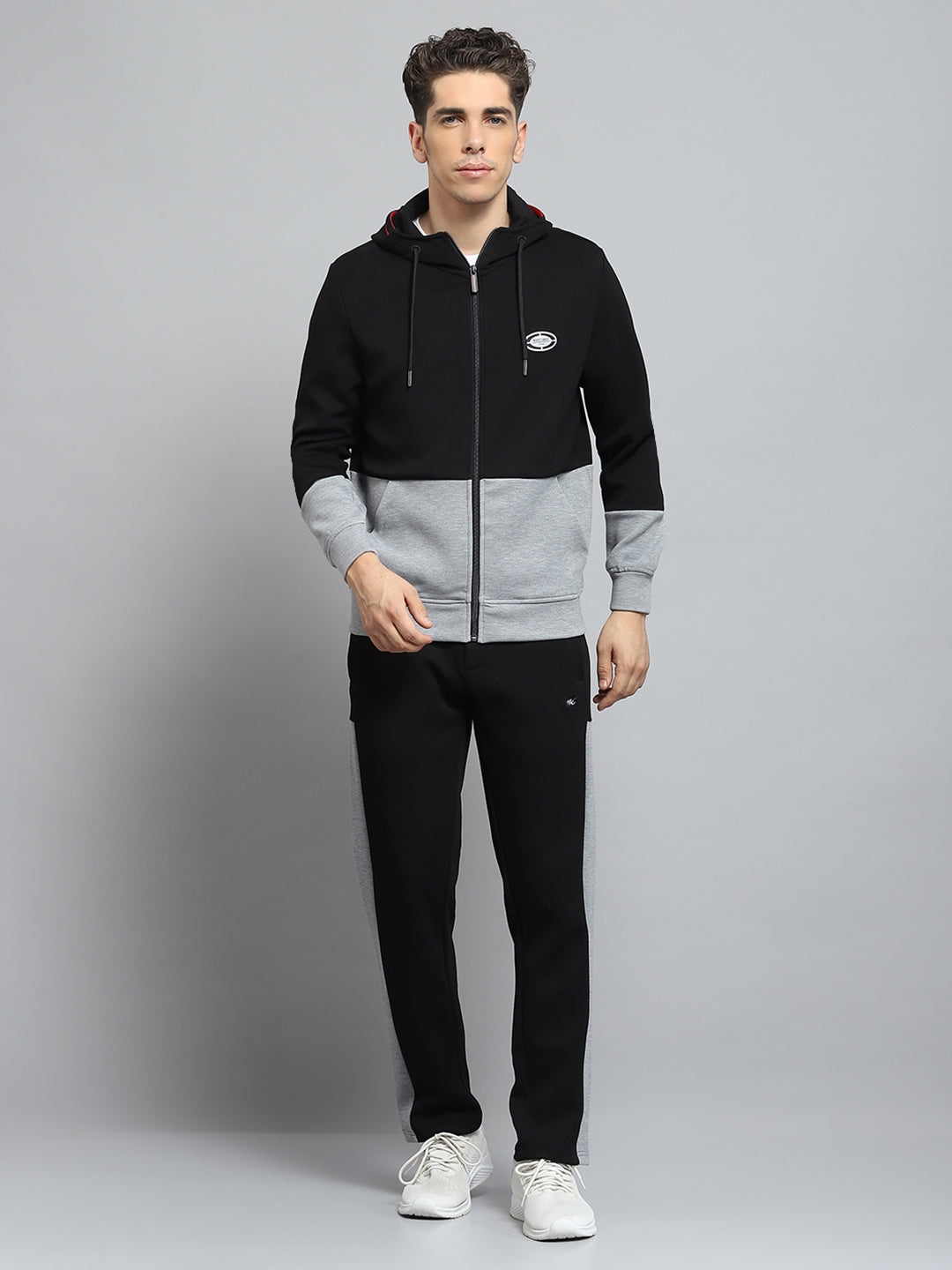 Men Black Self Design Hooded Full Sleeve Winter Tracksuit