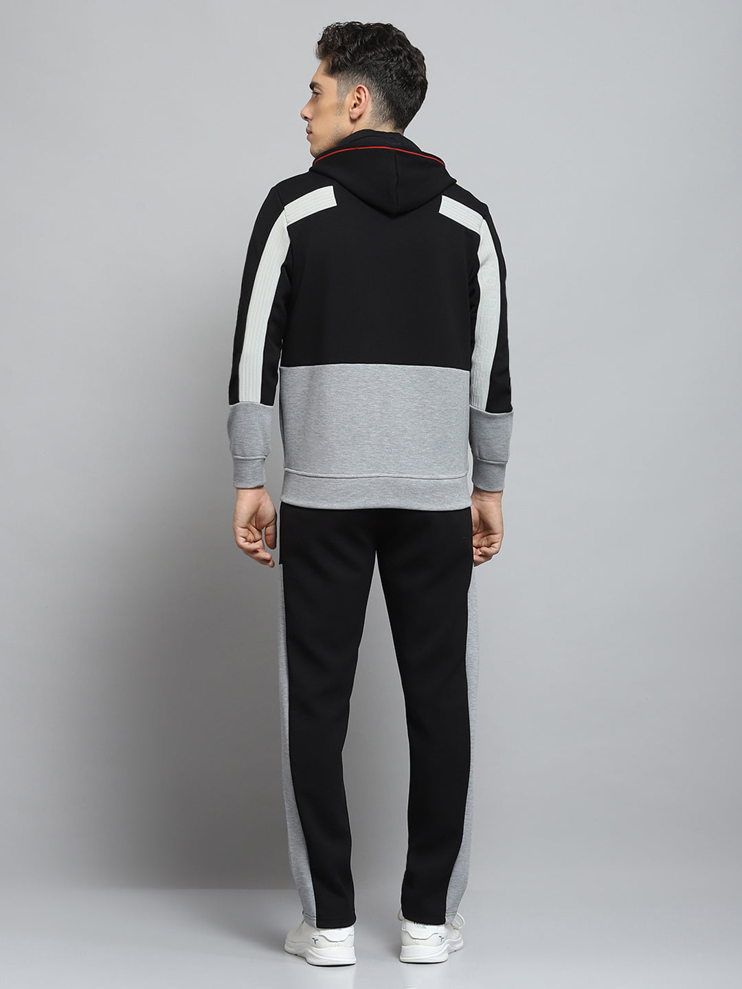 Men Black Self Design Hooded Full Sleeve Winter Tracksuit