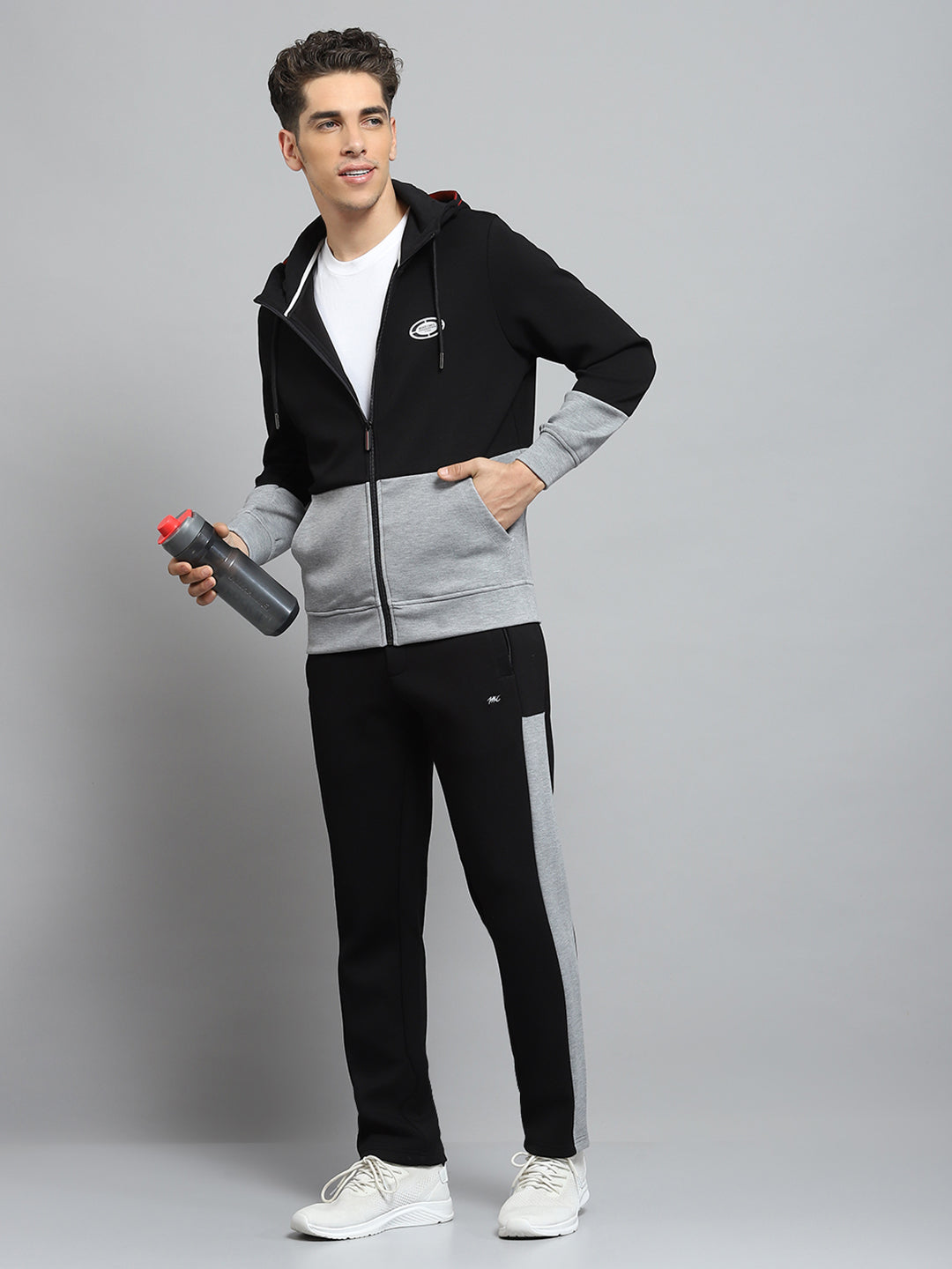 Men Black Self Design Hooded Full Sleeve Winter Tracksuit