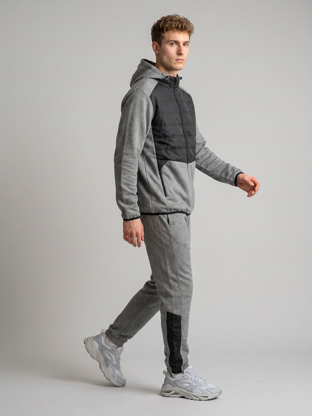 Men Grey Solid Hooded Full Sleeve Winter Tracksuit