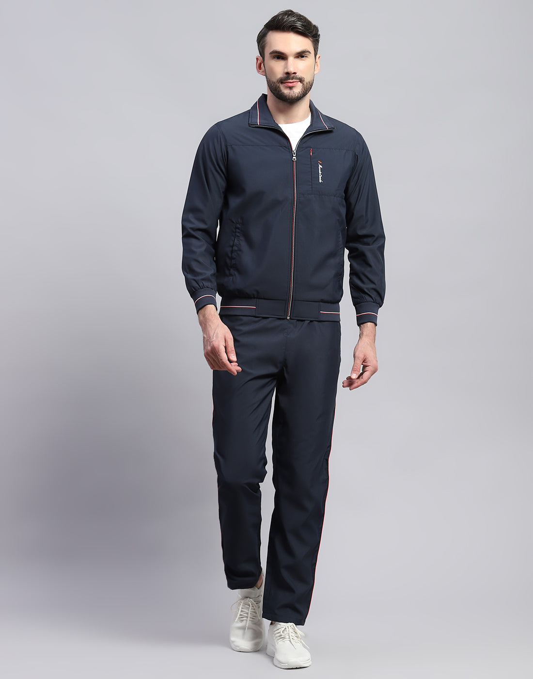 Men Navy Blue Solid Band Collar Full Sleeve Winter Tracksuit