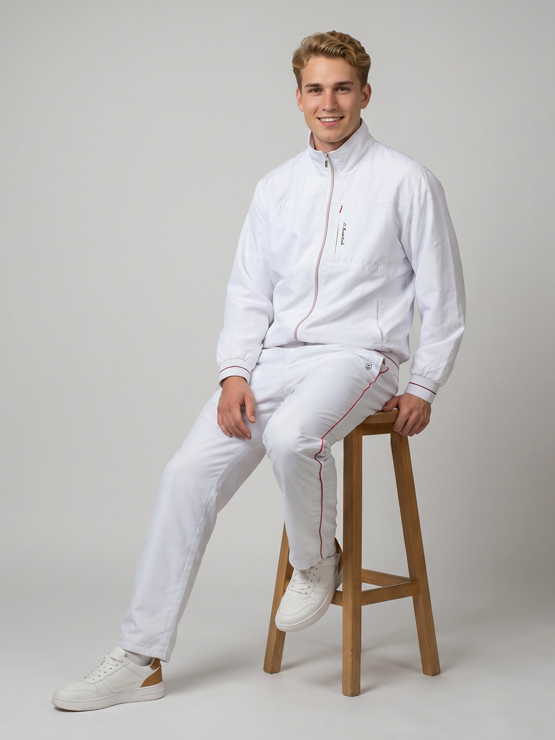 Men White Solid Collar Full Sleeve Winter Tracksuit