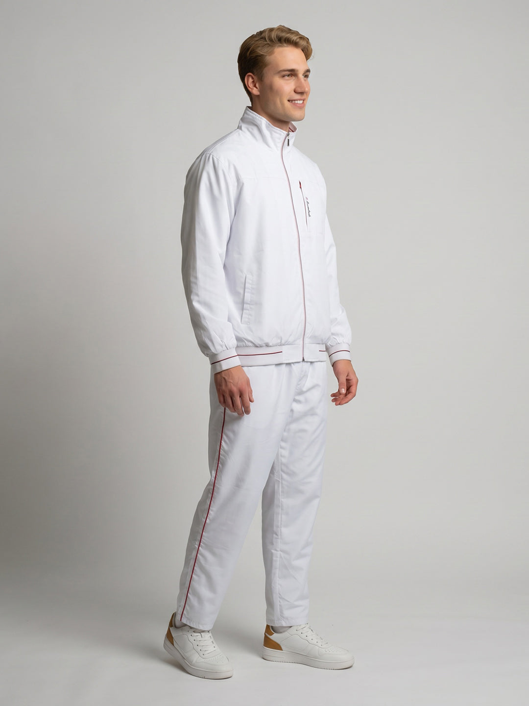 Men White Solid Collar Full Sleeve Winter Tracksuit