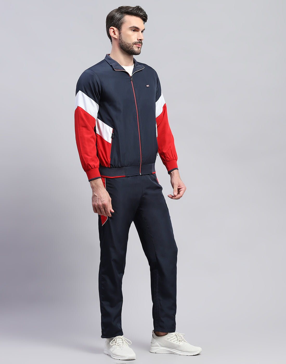 Men Navy Blue Solid Band Collar Full Sleeve Winter Tracksuit
