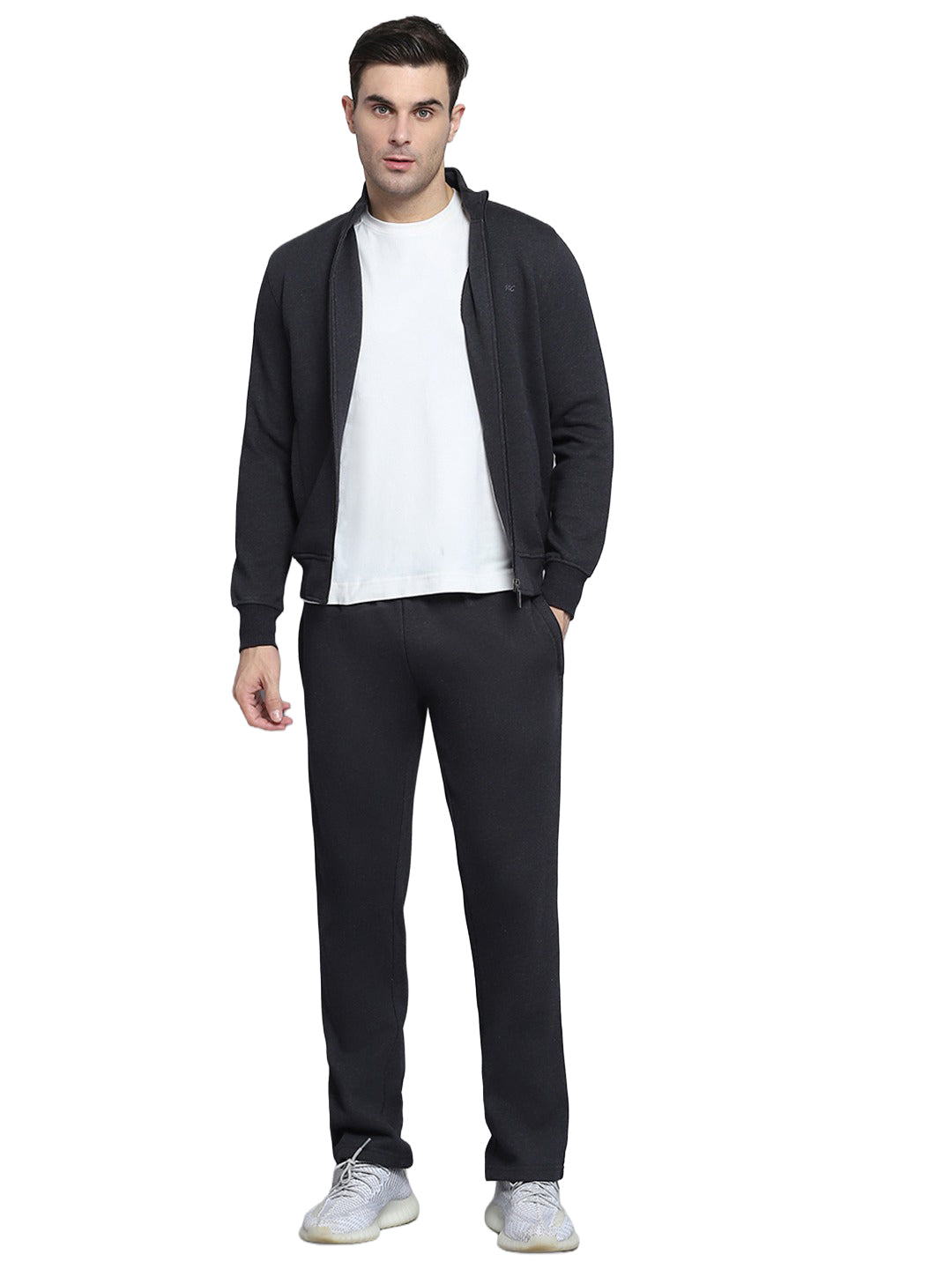 Men Grey Solid Collar Full Sleeve Winter Tracksuit