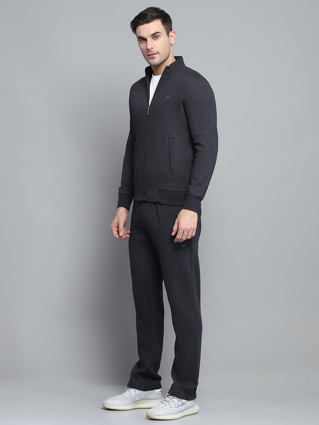Men Grey Solid Collar Full Sleeve Winter Tracksuit