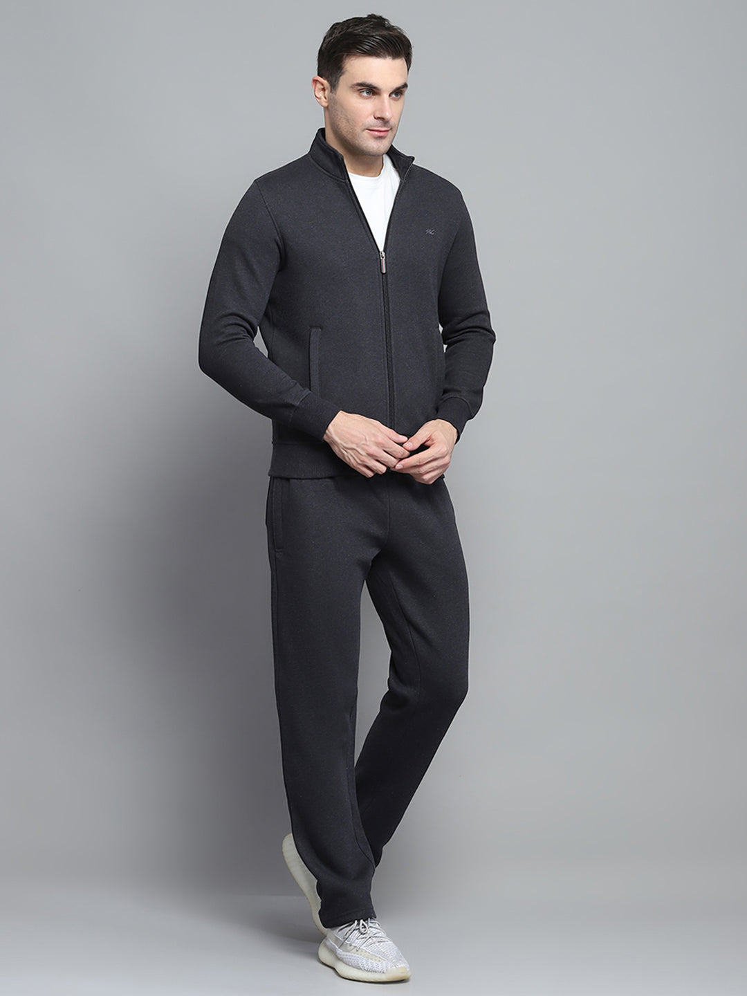 Men Grey Solid Collar Full Sleeve Winter Tracksuit