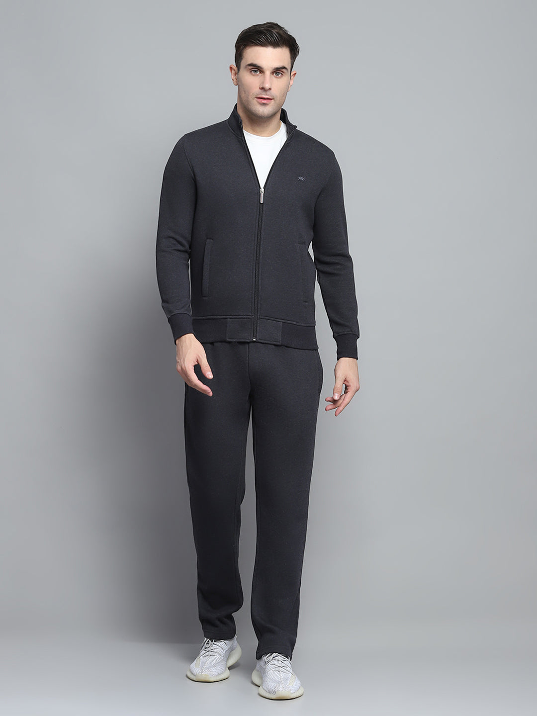 Men Grey Solid Collar Full Sleeve Winter Tracksuit