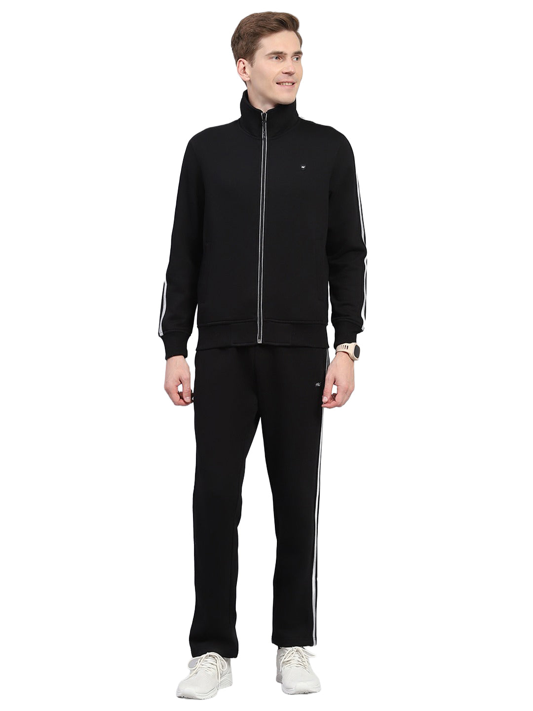 Men Black Solid Mock Neck Full Sleeve Winter Tracksuit