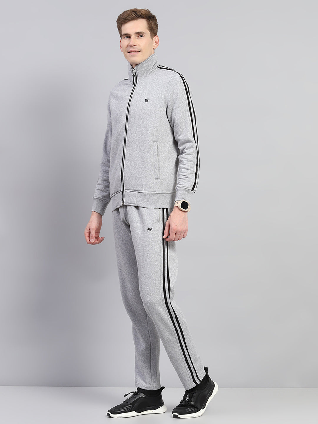 Men Grey Solid Mock Neck Full Sleeve Winter Tracksuit