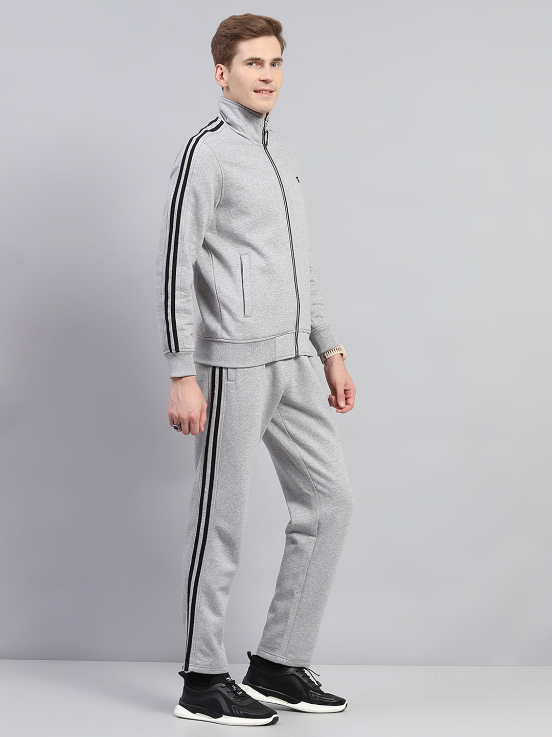 Men Grey Solid Mock Neck Full Sleeve Winter Tracksuit
