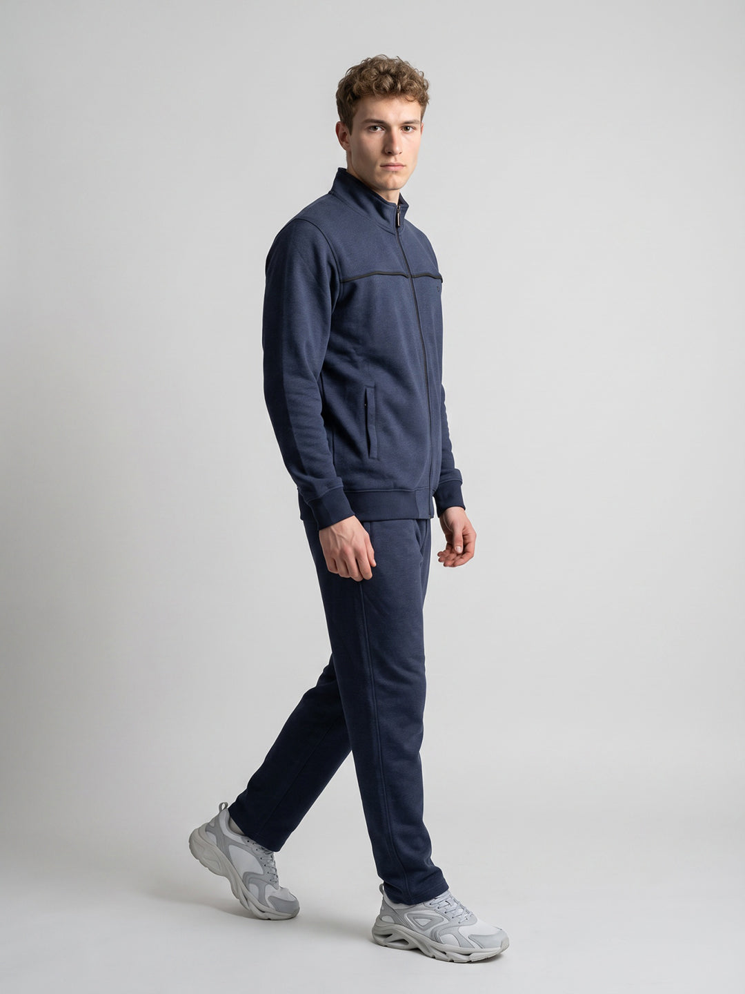 Men Blue Solid Turtle Neck Full Sleeve Winter Tracksuit