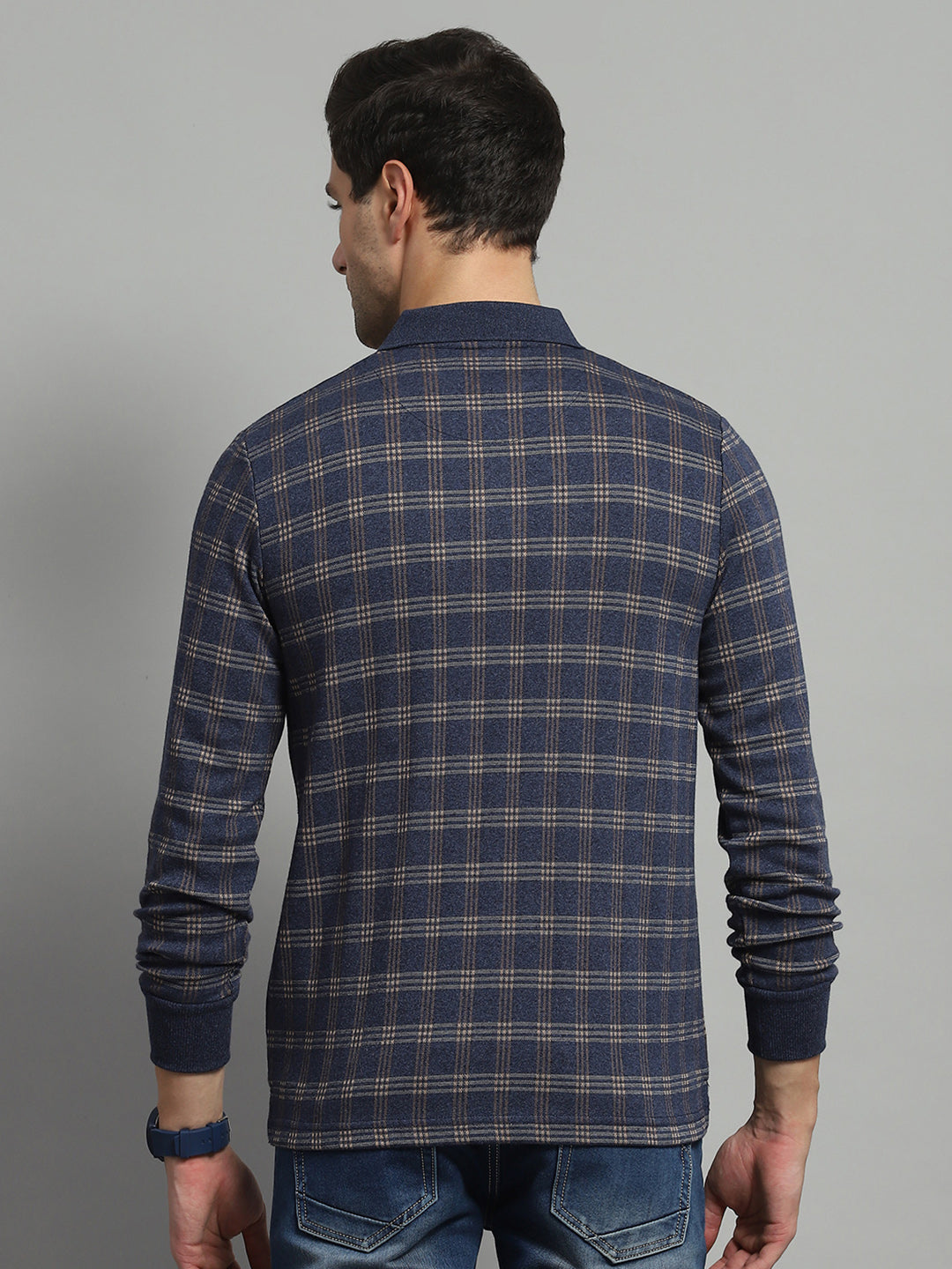Luxuria Men Blue Check Collar Full Sleeve Winter T-Shirt