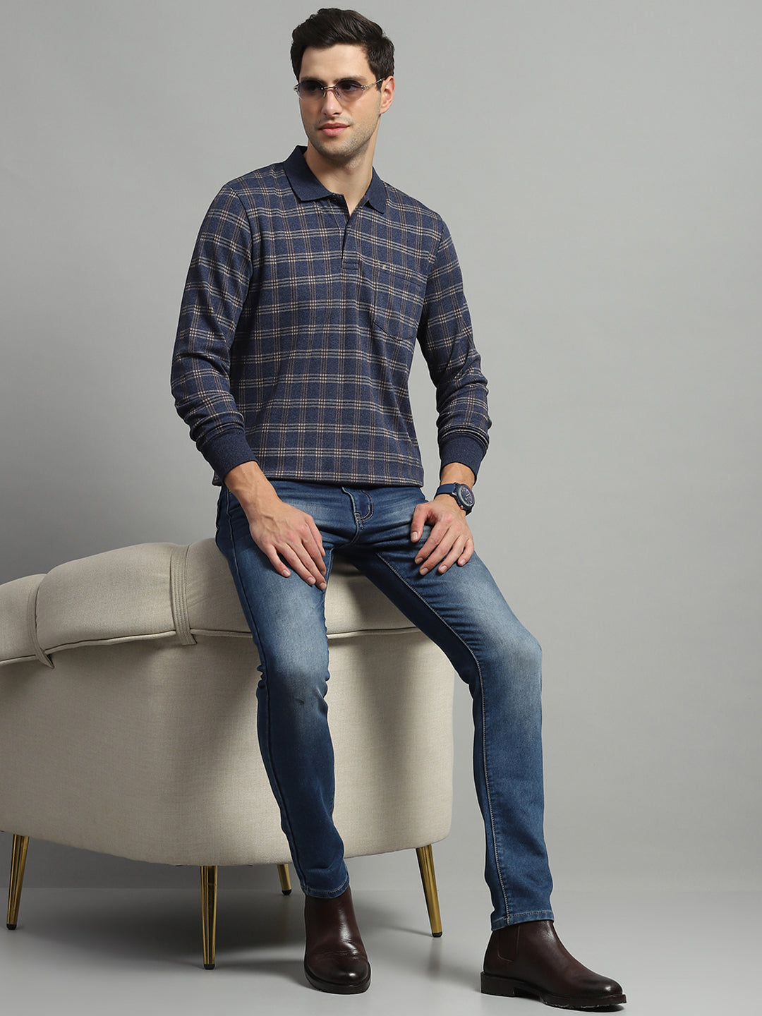 Luxuria Men Blue Check Collar Full Sleeve Winter T-Shirt