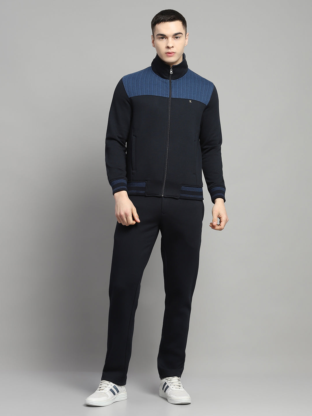 Men Navy Blue Self Design Collar Full Sleeve Winter Tracksuit