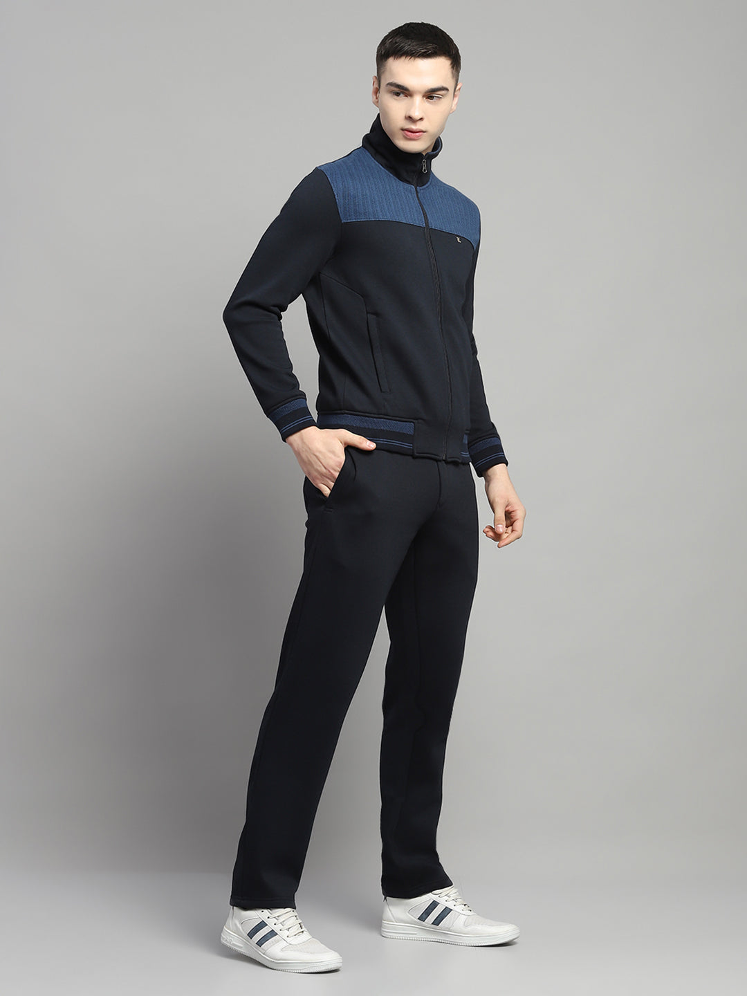 Men Navy Blue Self Design Collar Full Sleeve Winter Tracksuit