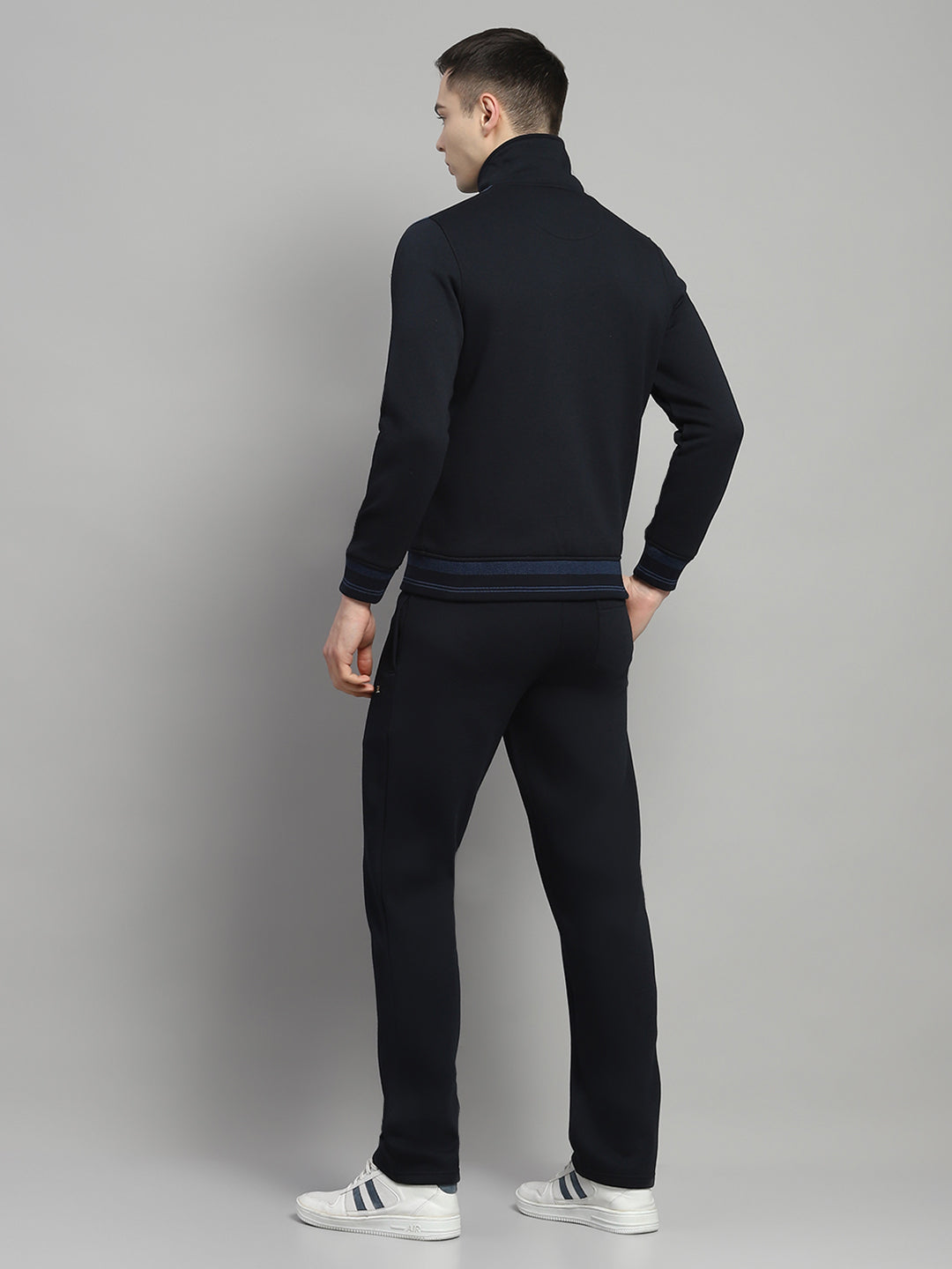 Men Navy Blue Self Design Collar Full Sleeve Winter Tracksuit