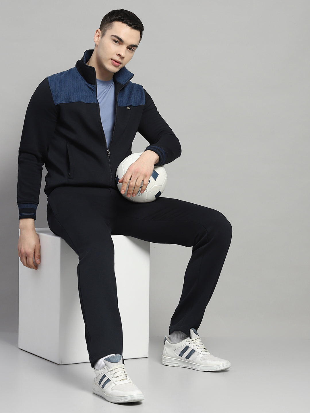 Men Navy Blue Self Design Collar Full Sleeve Winter Tracksuit