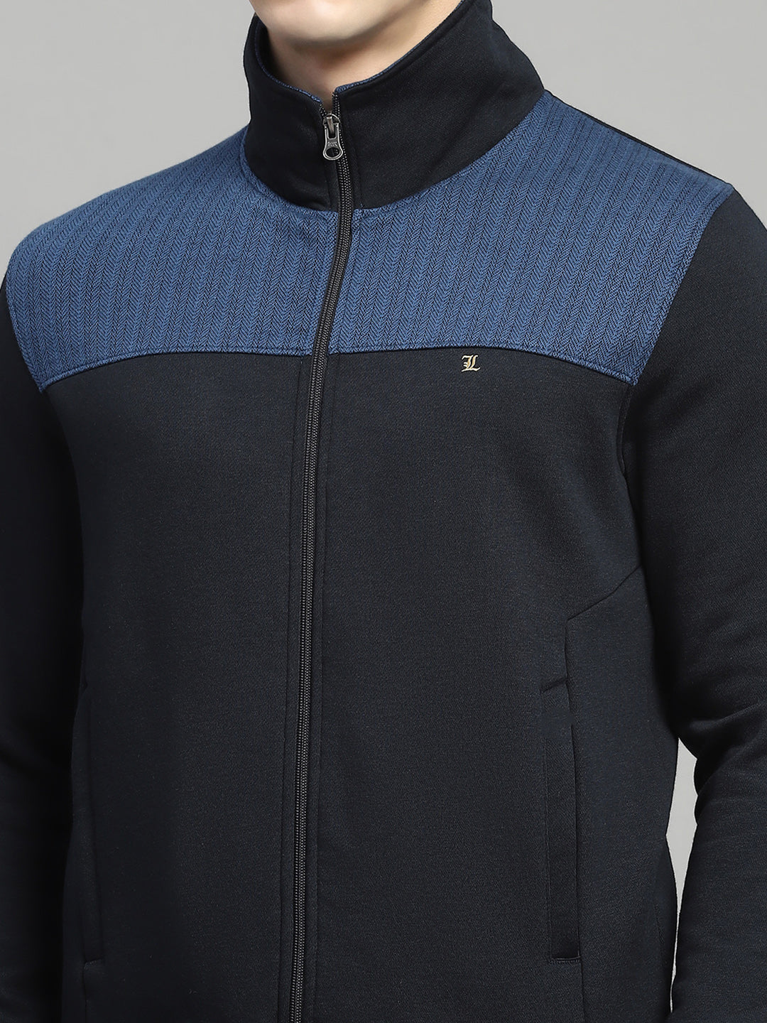 Men Navy Blue Self Design Collar Full Sleeve Winter Tracksuit