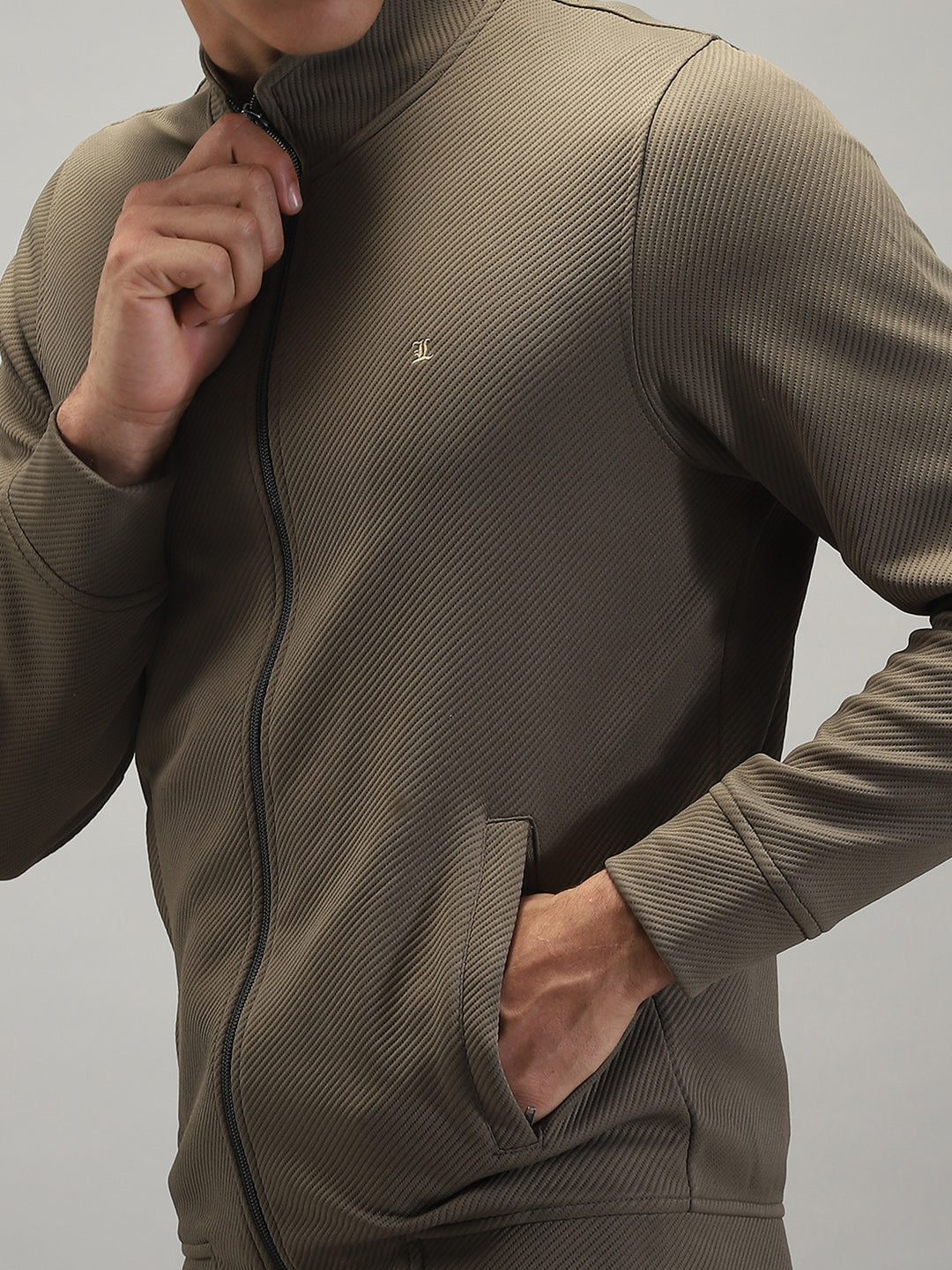 Men Olive Solid Mock Neck Full Sleeve Winter Tracksuit