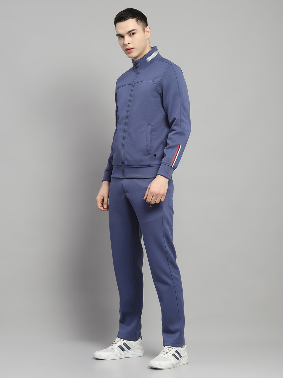 Men Blue Solid Mock Neck Full Sleeve Winter Tracksuit
