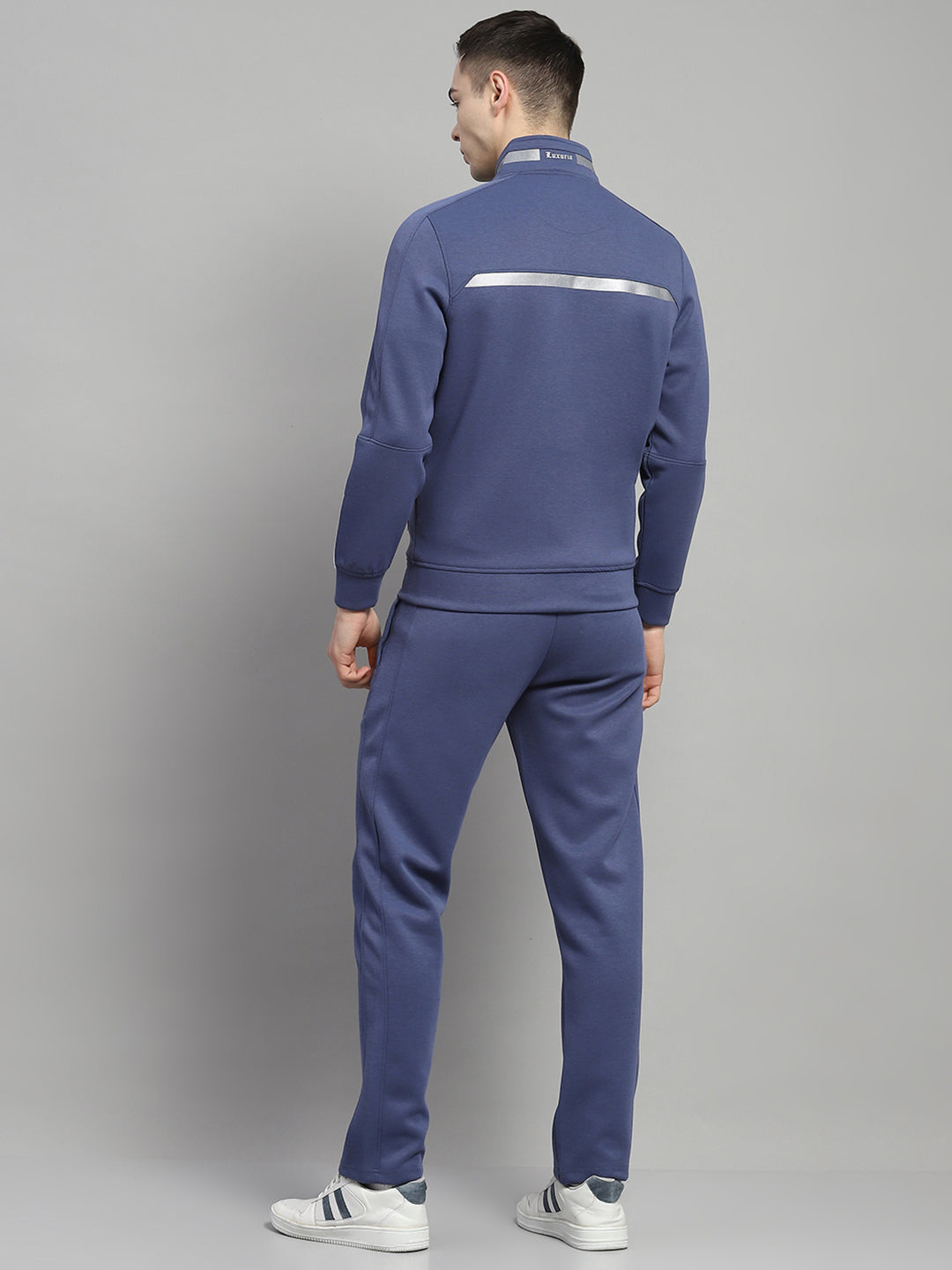 Men Blue Solid Mock Neck Full Sleeve Winter Tracksuit