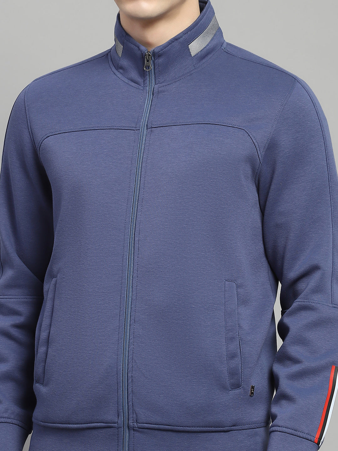 Men Blue Solid Mock Neck Full Sleeve Winter Tracksuit