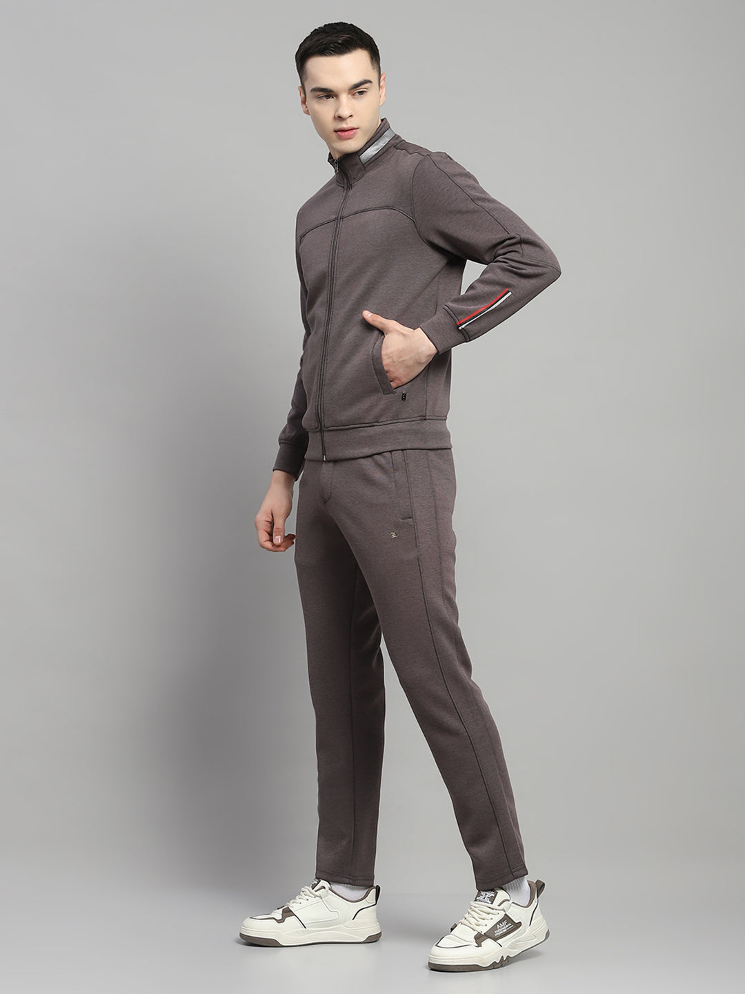 Men Charcoal Solid Mock Neck Full Sleeve Winter Tracksuit