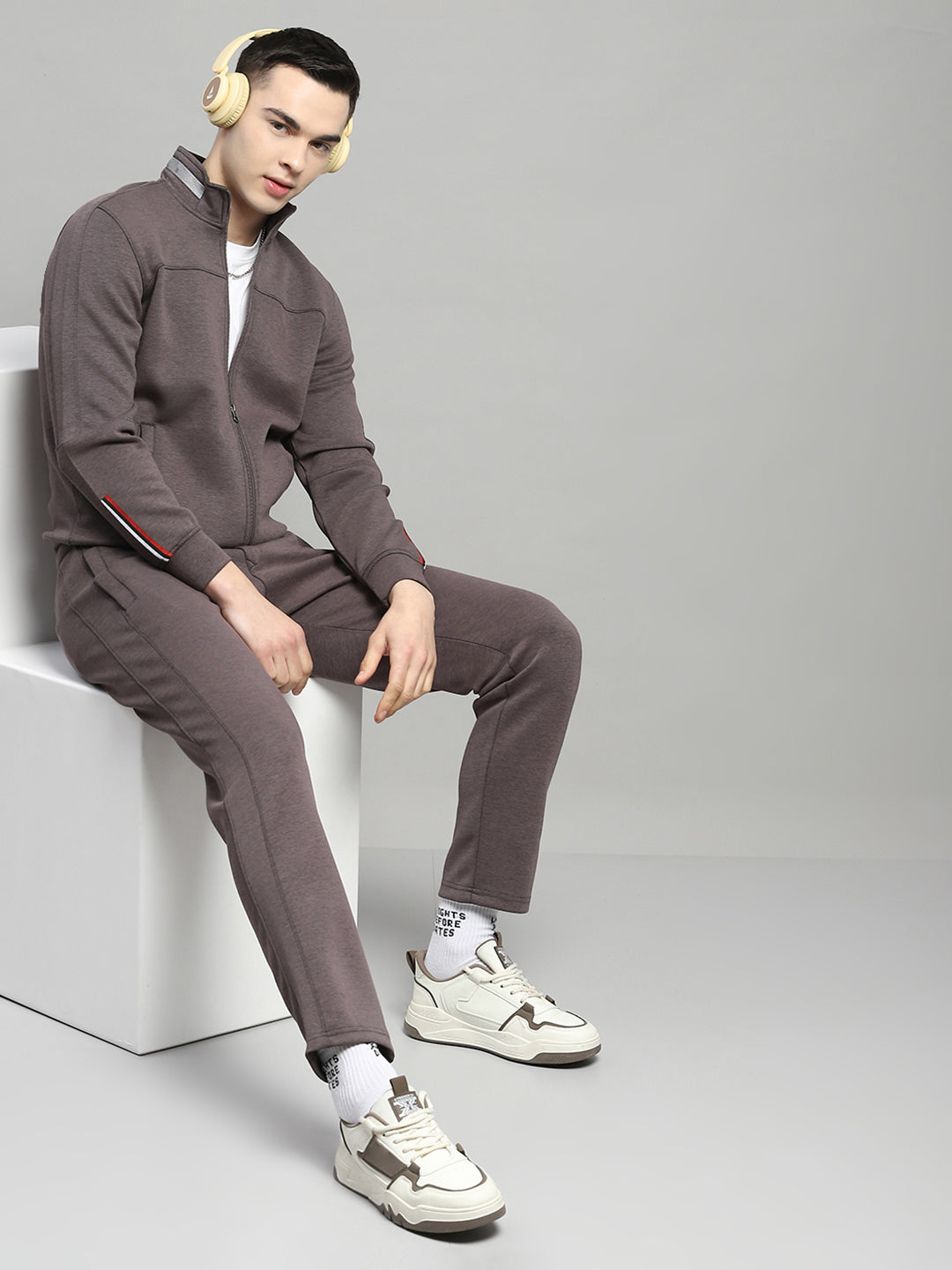Men Charcoal Solid Mock Neck Full Sleeve Winter Tracksuit