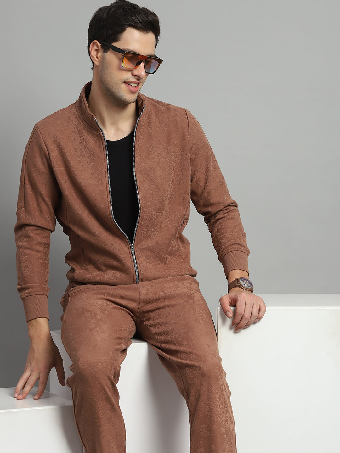 Luxuria Men Brown Self Design Mock Neck Full Sleeve Winter Tracksuit