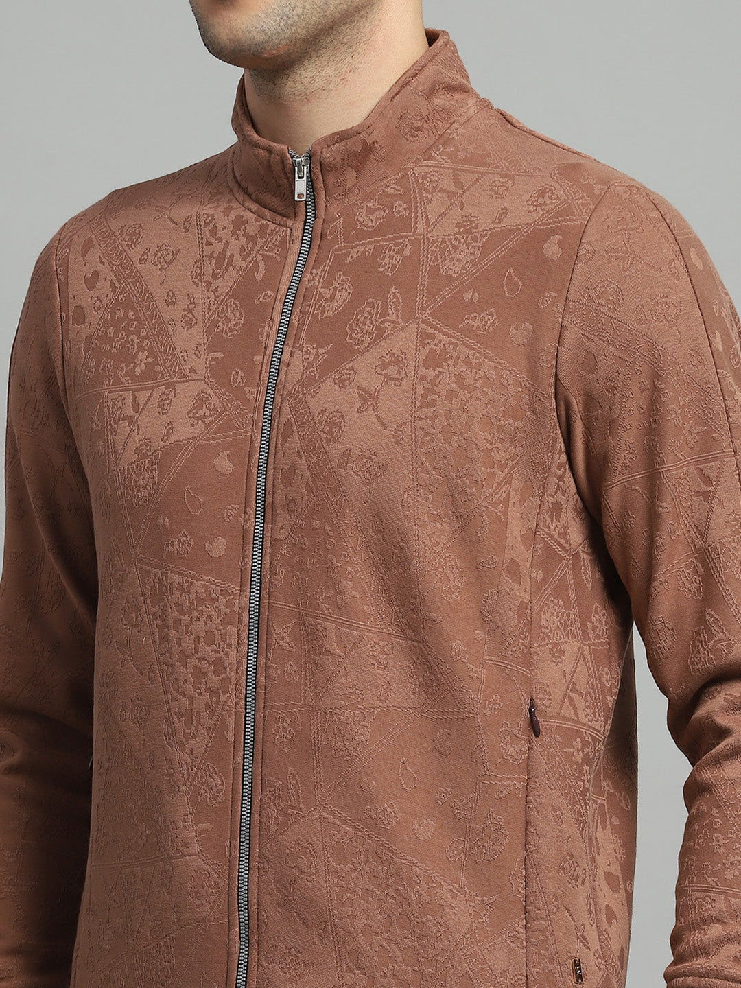 Luxuria Men Brown Self Design Mock Neck Full Sleeve Winter Tracksuit