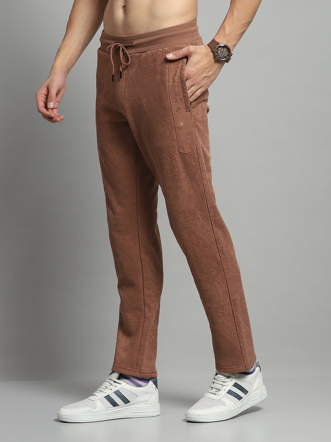 Luxuria Men Brown Self Design Mock Neck Full Sleeve Winter Tracksuit