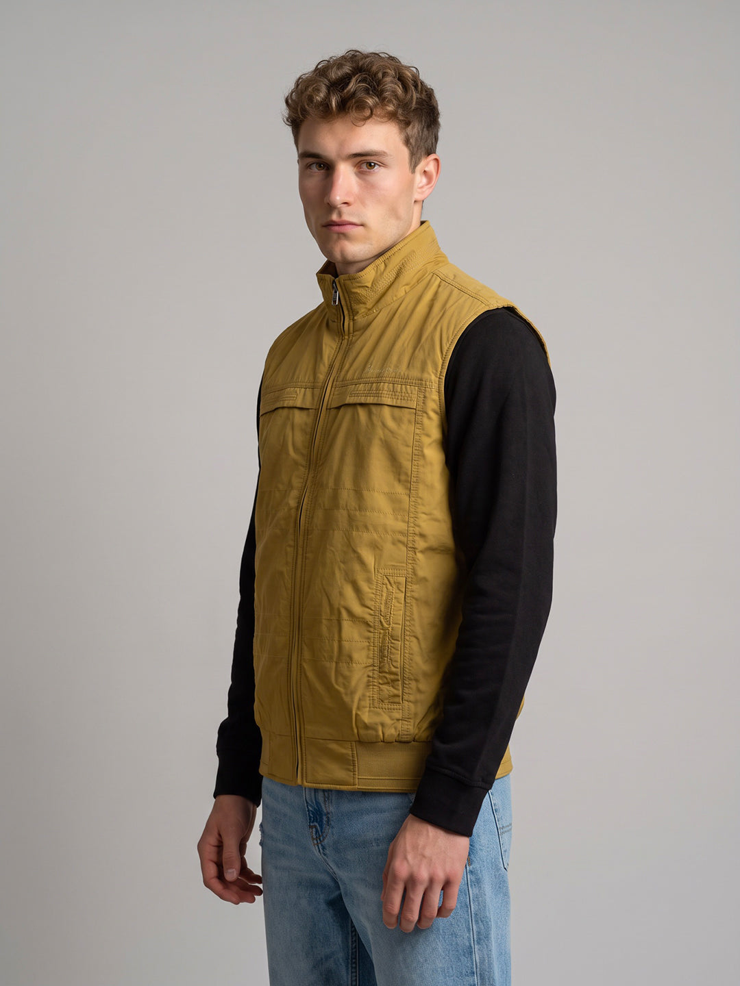 Men Mustard Solid Collar Sleeveless Parka Jacket