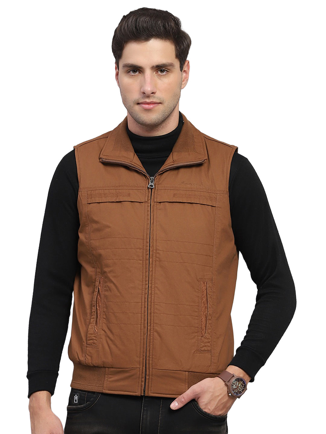 Men Brown Solid Collar Sleeveless Jacket