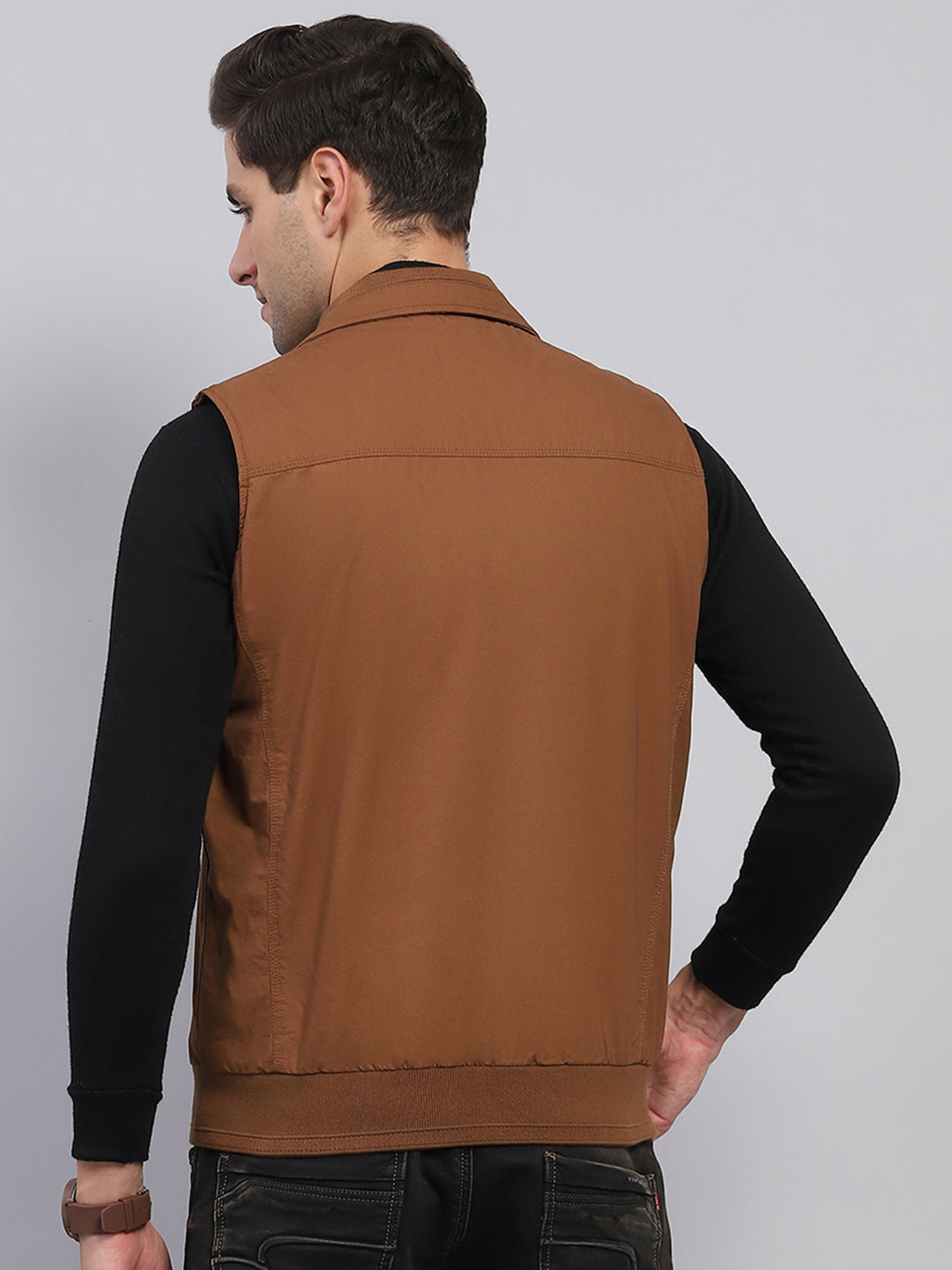 Men Brown Solid Collar Sleeveless Jacket