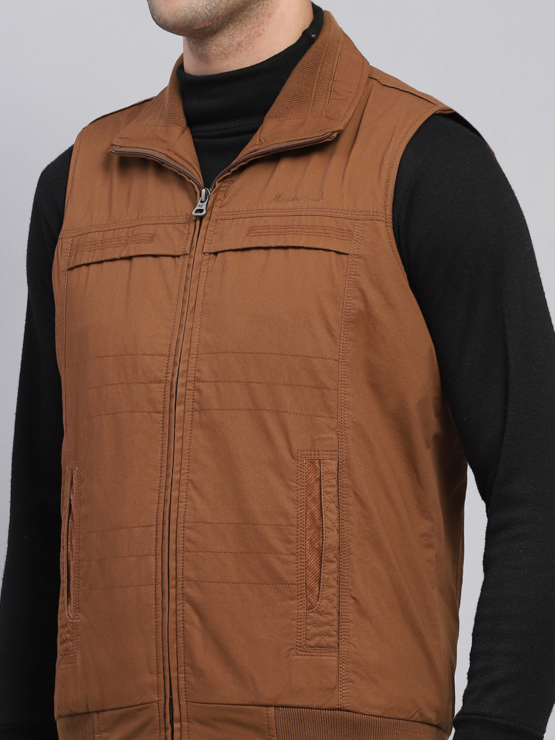 Men Brown Solid Collar Sleeveless Jacket