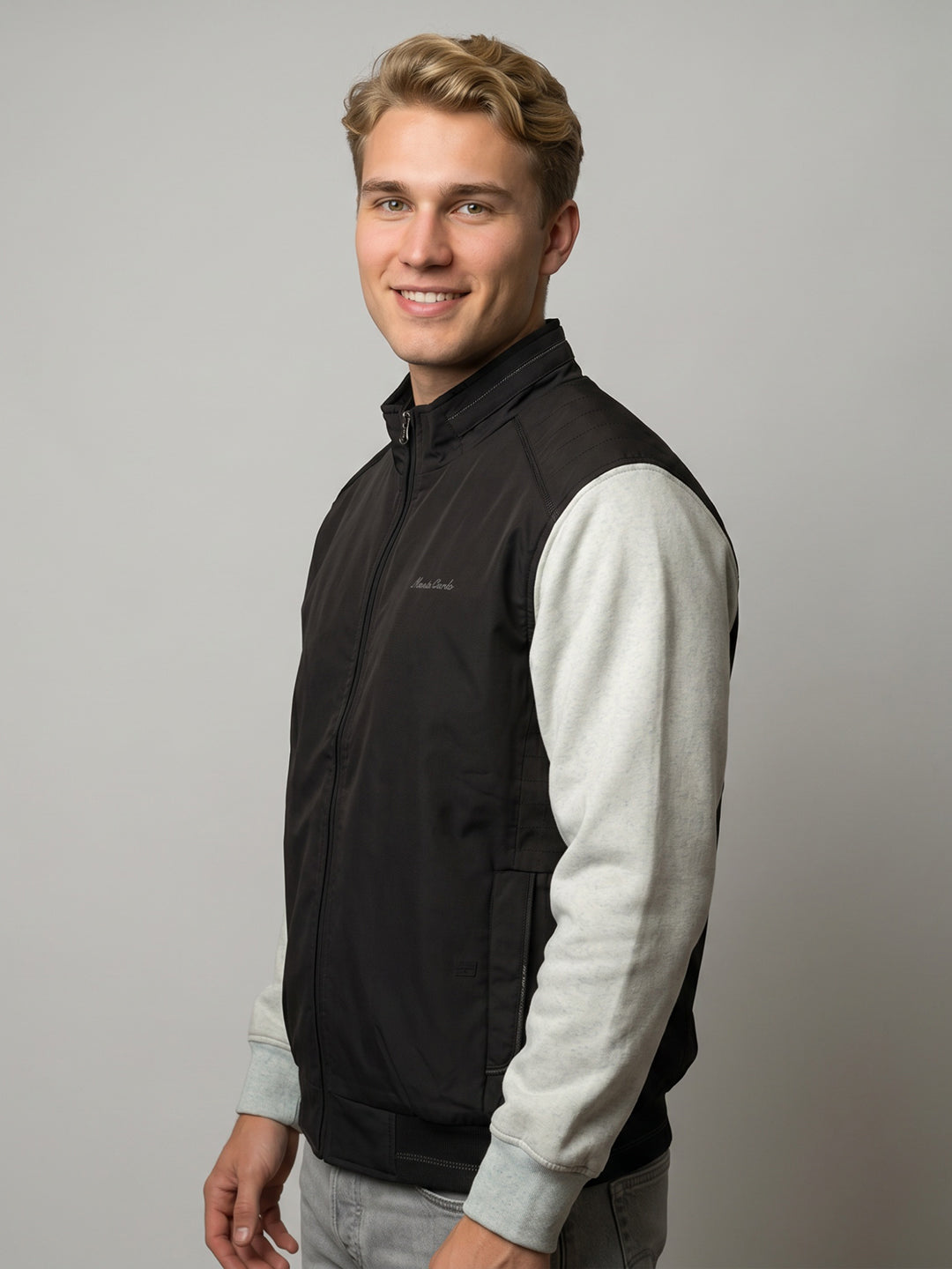 Men Black Solid Turtle Neck Sleeveless Bomber Jacket